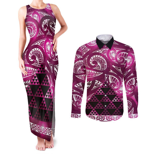 Matariki New Zealand Couples Matching Tank Maxi Dress and Long Sleeve Button Shirt NZ Niho Taniwha Maori New Year Pink Galaxy