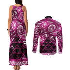 Matariki New Zealand Couples Matching Tank Maxi Dress and Long Sleeve Button Shirt NZ Niho Taniwha Maori New Year Pink Galaxy