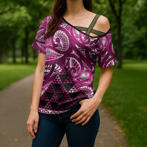 Matariki New Zealand Cross Shoulder Shirt NZ Niho Taniwha Maori New Year Pink Galaxy