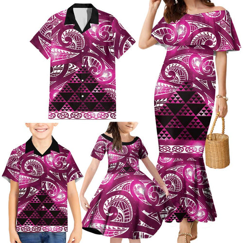 Matariki New Zealand Family Matching Mermaid Dress and Hawaiian Shirt NZ Niho Taniwha Maori New Year Pink Galaxy