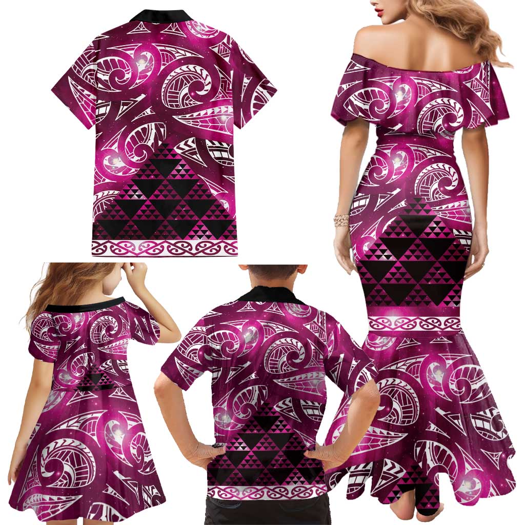 Matariki New Zealand Family Matching Mermaid Dress and Hawaiian Shirt NZ Niho Taniwha Maori New Year Pink Galaxy