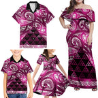 Matariki New Zealand Family Matching Off Shoulder Maxi Dress and Hawaiian Shirt NZ Niho Taniwha Maori New Year Pink Galaxy