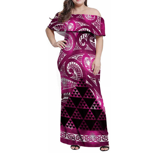 Matariki New Zealand Family Matching Off Shoulder Maxi Dress and Hawaiian Shirt NZ Niho Taniwha Maori New Year Pink Galaxy