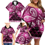 Matariki New Zealand Family Matching Off Shoulder Short Dress and Hawaiian Shirt NZ Niho Taniwha Maori New Year Pink Galaxy