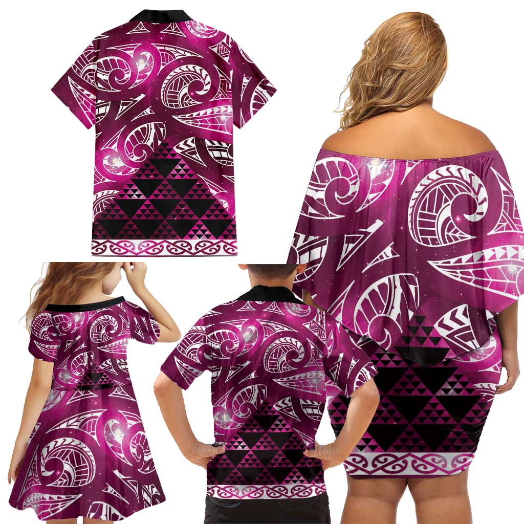 Matariki New Zealand Family Matching Off Shoulder Short Dress and Hawaiian Shirt NZ Niho Taniwha Maori New Year Pink Galaxy