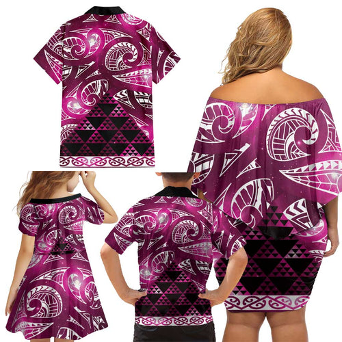 Matariki New Zealand Family Matching Off Shoulder Short Dress and Hawaiian Shirt NZ Niho Taniwha Maori New Year Pink Galaxy