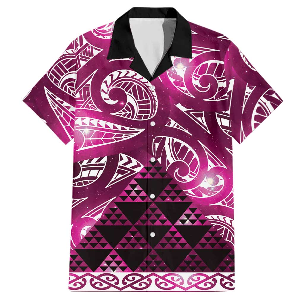 Matariki New Zealand Family Matching Off Shoulder Short Dress and Hawaiian Shirt NZ Niho Taniwha Maori New Year Pink Galaxy