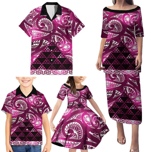 Matariki New Zealand Family Matching Puletasi and Hawaiian Shirt NZ Niho Taniwha Maori New Year Pink Galaxy