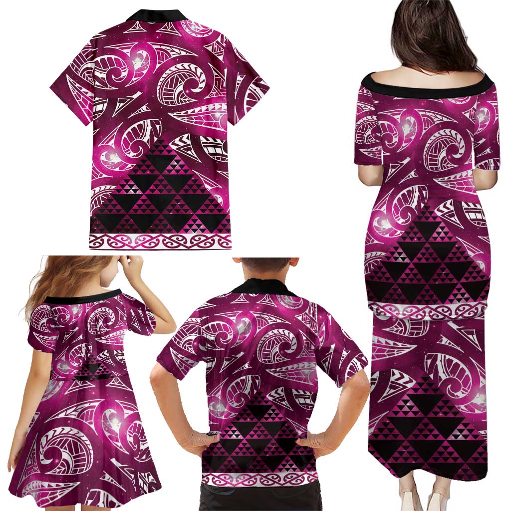 Matariki New Zealand Family Matching Puletasi and Hawaiian Shirt NZ Niho Taniwha Maori New Year Pink Galaxy