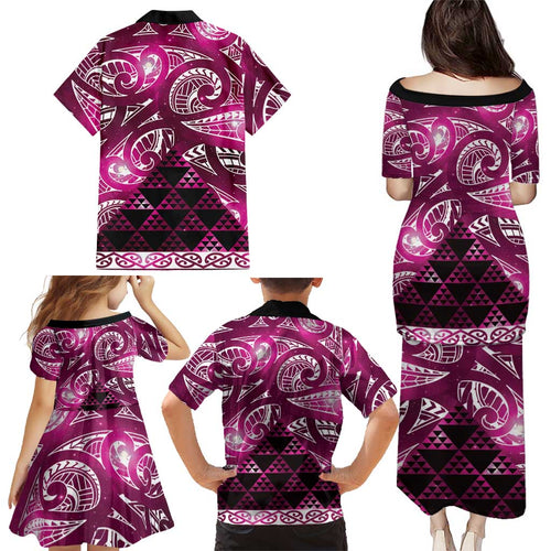 Matariki New Zealand Family Matching Puletasi and Hawaiian Shirt NZ Niho Taniwha Maori New Year Pink Galaxy
