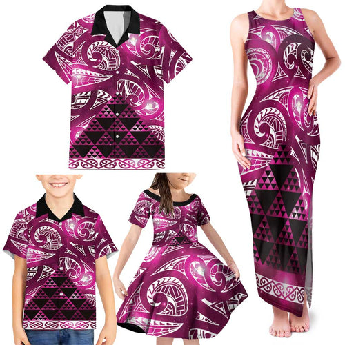 Matariki New Zealand Family Matching Tank Maxi Dress and Hawaiian Shirt NZ Niho Taniwha Maori New Year Pink Galaxy
