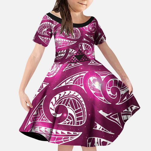 Matariki New Zealand Kid Short Sleeve Dress NZ Niho Taniwha Maori New Year Pink Galaxy