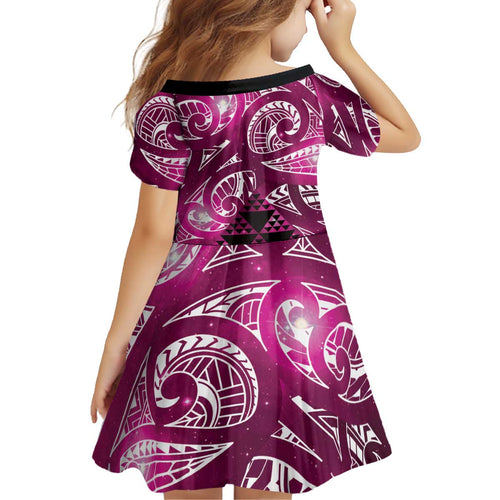 Matariki New Zealand Kid Short Sleeve Dress NZ Niho Taniwha Maori New Year Pink Galaxy