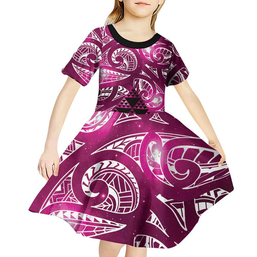 Matariki New Zealand Kid Short Sleeve Dress NZ Niho Taniwha Maori New Year Pink Galaxy
