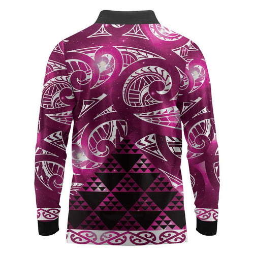 Matariki New Zealand Long Sleeve Polo Shirt NZ Niho Taniwha Maori New Year Pink Galaxy