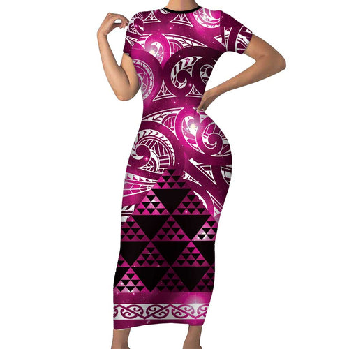 Matariki New Zealand Short Sleeve Bodycon Dress NZ Niho Taniwha Maori New Year Pink Galaxy