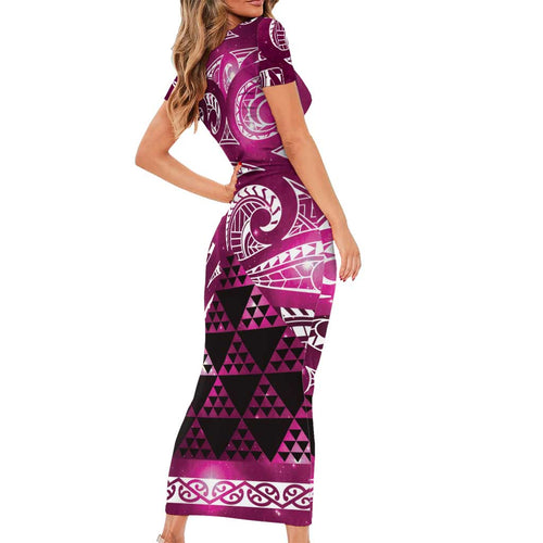Matariki New Zealand Short Sleeve Bodycon Dress NZ Niho Taniwha Maori New Year Pink Galaxy