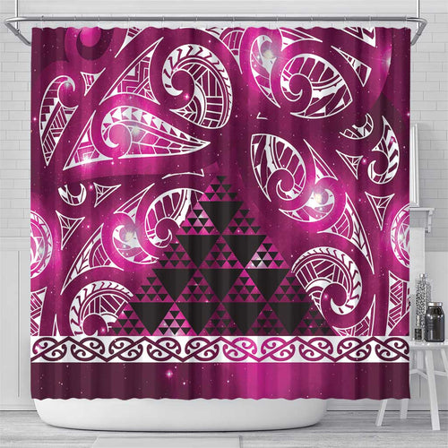 Matariki New Zealand Shower Curtain NZ Niho Taniwha Maori New Year Pink Galaxy