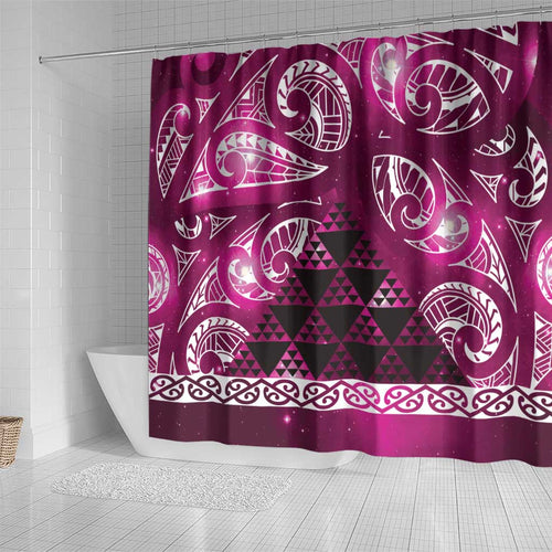 Matariki New Zealand Shower Curtain NZ Niho Taniwha Maori New Year Pink Galaxy