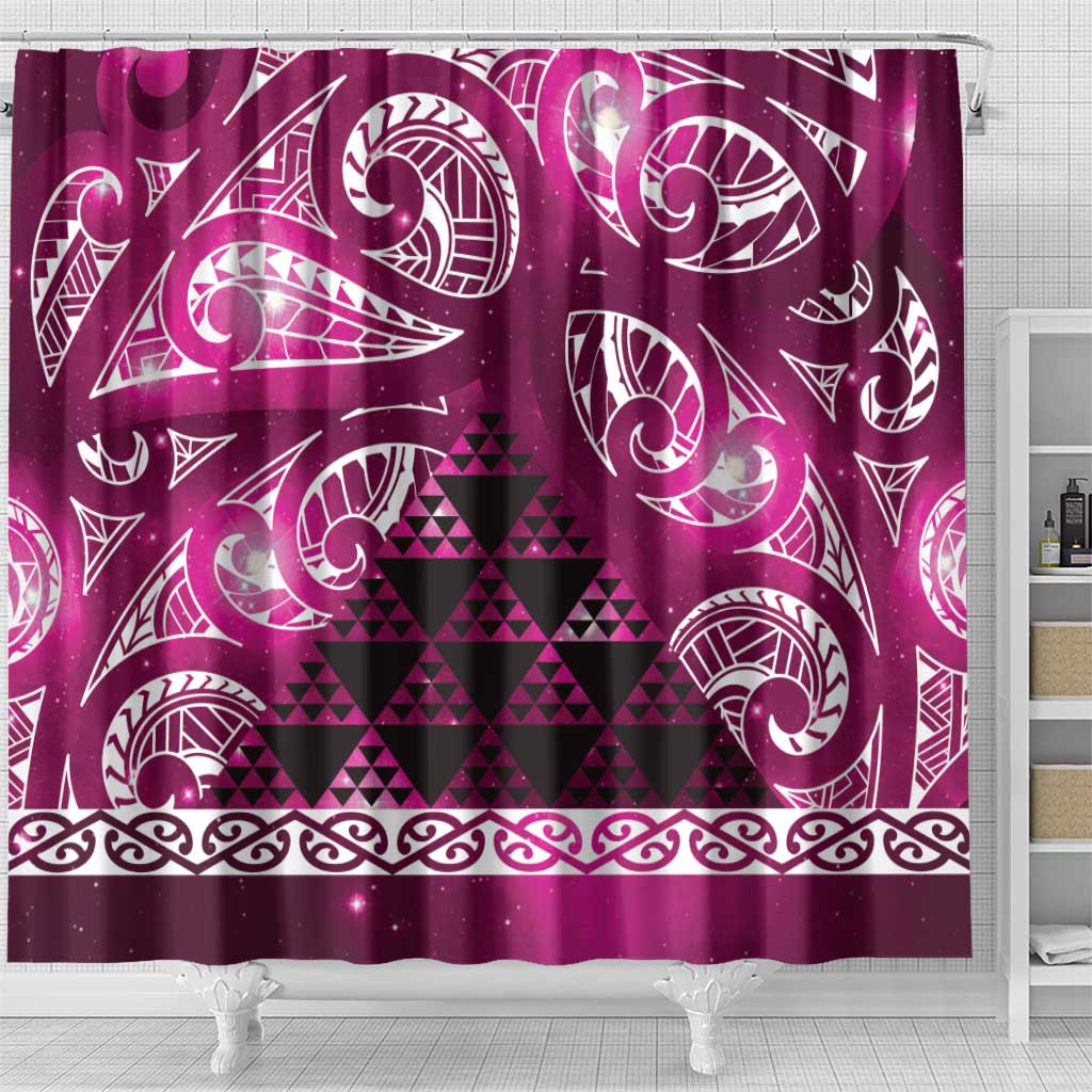 Matariki New Zealand Shower Curtain NZ Niho Taniwha Maori New Year Pink Galaxy