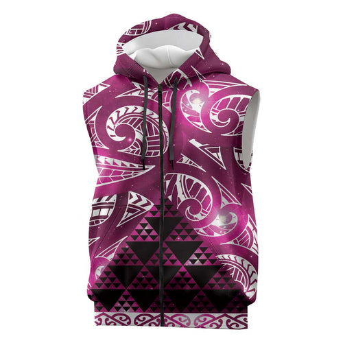Matariki New Zealand Sleeveless Zip Hoodie NZ Niho Taniwha Maori New Year Pink Galaxy