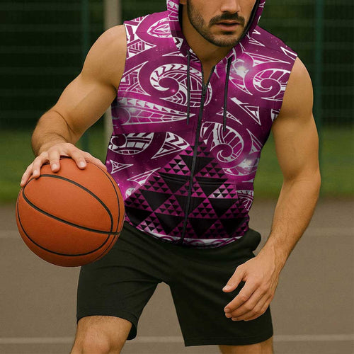 Matariki New Zealand Sleeveless Zip Hoodie NZ Niho Taniwha Maori New Year Pink Galaxy