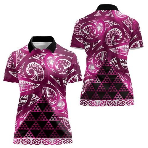 Matariki New Zealand Women Polo Shirt NZ Niho Taniwha Maori New Year Pink Galaxy