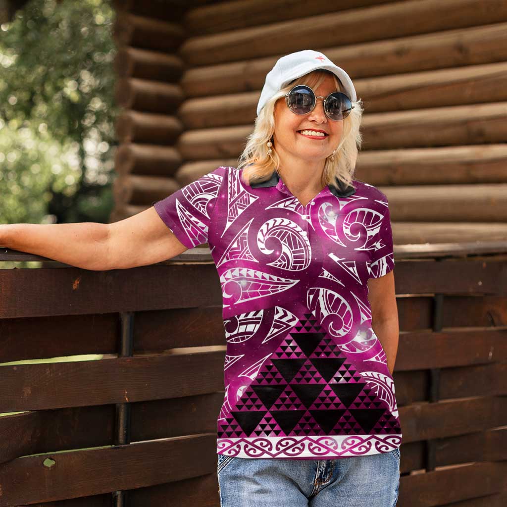 Matariki New Zealand Women Polo Shirt NZ Niho Taniwha Maori New Year Pink Galaxy
