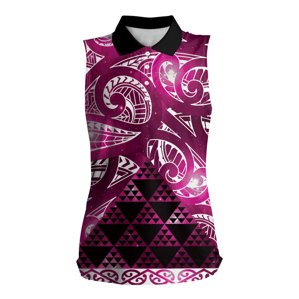 Matariki New Zealand Women Sleeveless Polo Shirt NZ Niho Taniwha Maori New Year Pink Galaxy
