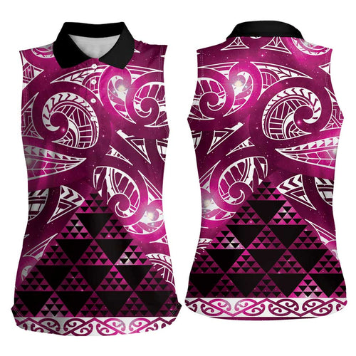 Matariki New Zealand Women Sleeveless Polo Shirt NZ Niho Taniwha Maori New Year Pink Galaxy