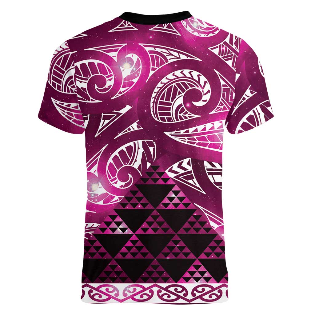 Matariki New Zealand Women V-Neck T-Shirt NZ Niho Taniwha Maori New Year Pink Galaxy