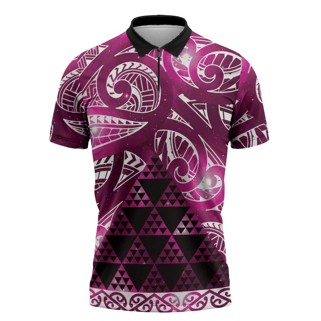 Matariki New Zealand Zipper Polo Shirt NZ Niho Taniwha Maori New Year Pink Galaxy