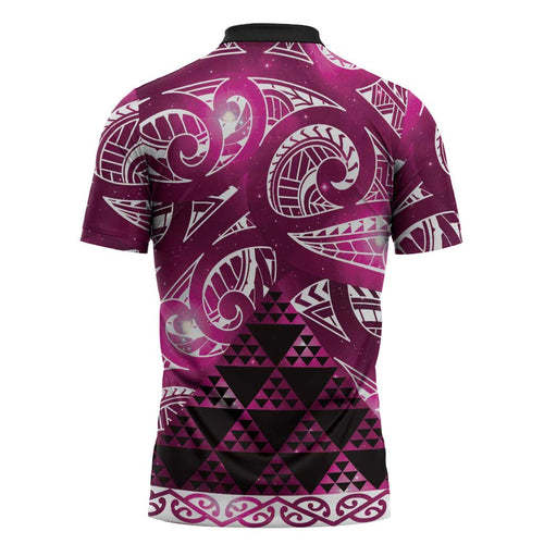 Matariki New Zealand Zipper Polo Shirt NZ Niho Taniwha Maori New Year Pink Galaxy