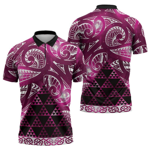 Matariki New Zealand Zipper Polo Shirt NZ Niho Taniwha Maori New Year Pink Galaxy