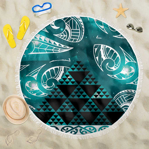 Matariki New Zealand Beach Blanket NZ Niho Taniwha Maori New Year Cyan Galaxy