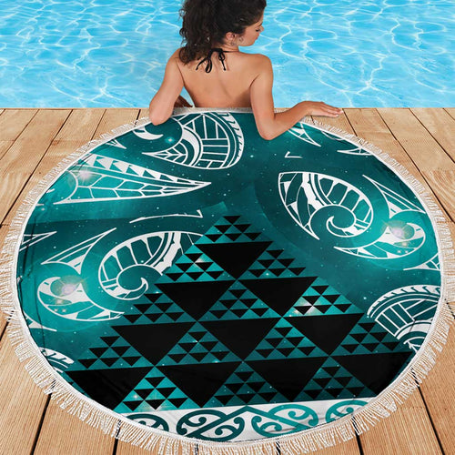 Matariki New Zealand Beach Blanket NZ Niho Taniwha Maori New Year Cyan Galaxy