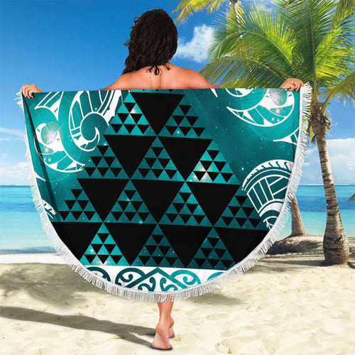 Matariki New Zealand Beach Blanket NZ Niho Taniwha Maori New Year Cyan Galaxy