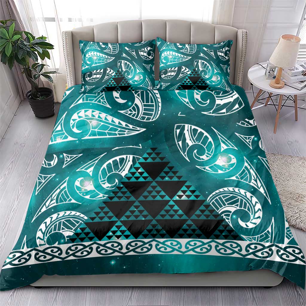 Matariki New Zealand Bedding Set NZ Niho Taniwha Maori New Year Cyan Galaxy