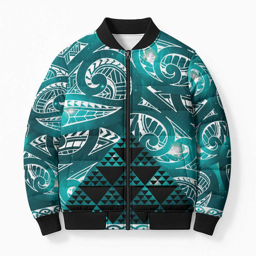 Matariki New Zealand Bomber Puffer Jacket NZ Niho Taniwha Maori New Year Cyan Galaxy