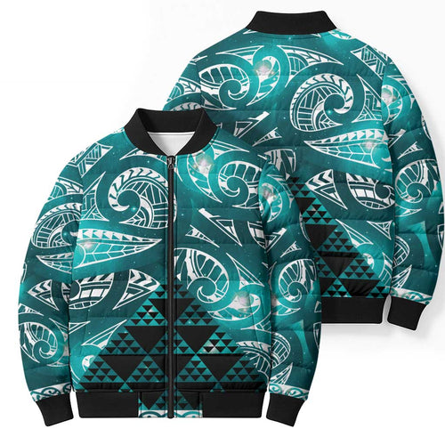 Matariki New Zealand Bomber Puffer Jacket NZ Niho Taniwha Maori New Year Cyan Galaxy