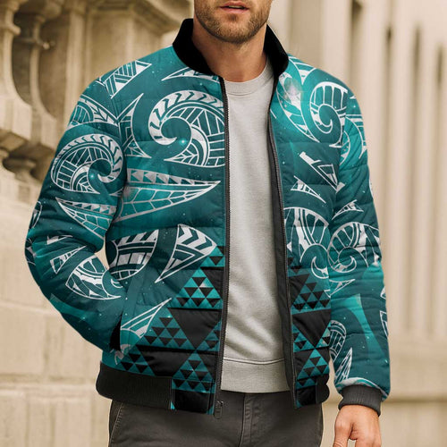 Matariki New Zealand Bomber Puffer Jacket NZ Niho Taniwha Maori New Year Cyan Galaxy