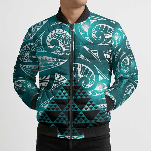 Matariki New Zealand Bomber Puffer Jacket NZ Niho Taniwha Maori New Year Cyan Galaxy