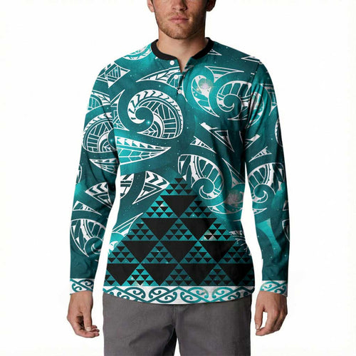 Matariki New Zealand Button Sweatshirt NZ Niho Taniwha Maori New Year Cyan Galaxy