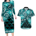 Matariki New Zealand Couples Matching Long Sleeve Bodycon Dress and Hawaiian Shirt NZ Niho Taniwha Maori New Year Cyan Galaxy