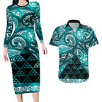 Matariki New Zealand Couples Matching Long Sleeve Bodycon Dress and Hawaiian Shirt NZ Niho Taniwha Maori New Year Cyan Galaxy