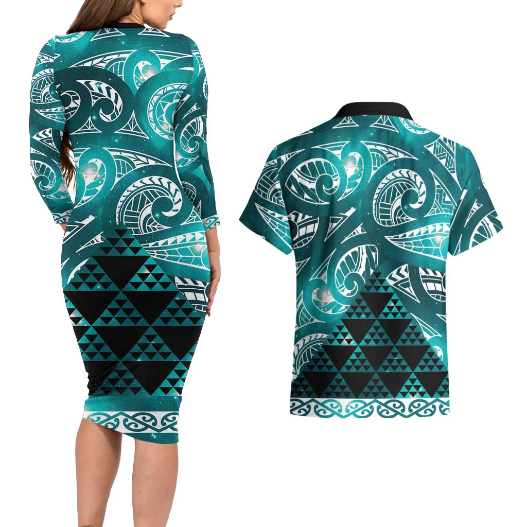 Matariki New Zealand Couples Matching Long Sleeve Bodycon Dress and Hawaiian Shirt NZ Niho Taniwha Maori New Year Cyan Galaxy