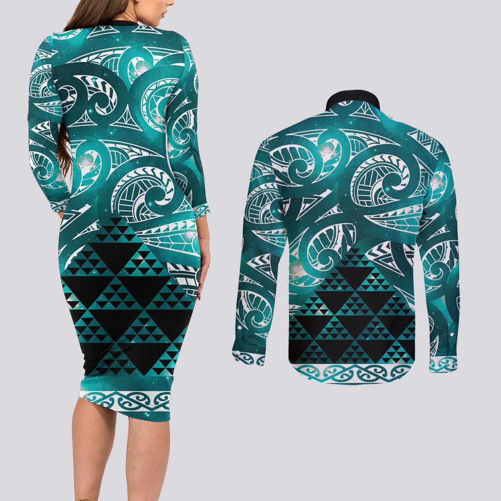 Matariki New Zealand Couples Matching Long Sleeve Bodycon Dress and Long Sleeve Button Shirt NZ Niho Taniwha Maori New Year Cyan Galaxy