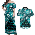 Matariki New Zealand Couples Matching Off Shoulder Maxi Dress and Hawaiian Shirt NZ Niho Taniwha Maori New Year Cyan Galaxy