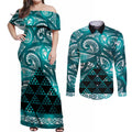 Matariki New Zealand Couples Matching Off Shoulder Maxi Dress and Long Sleeve Button Shirt NZ Niho Taniwha Maori New Year Cyan Galaxy