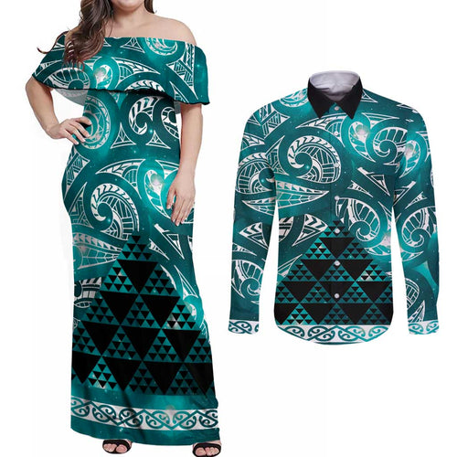 Matariki New Zealand Couples Matching Off Shoulder Maxi Dress and Long Sleeve Button Shirt NZ Niho Taniwha Maori New Year Cyan Galaxy